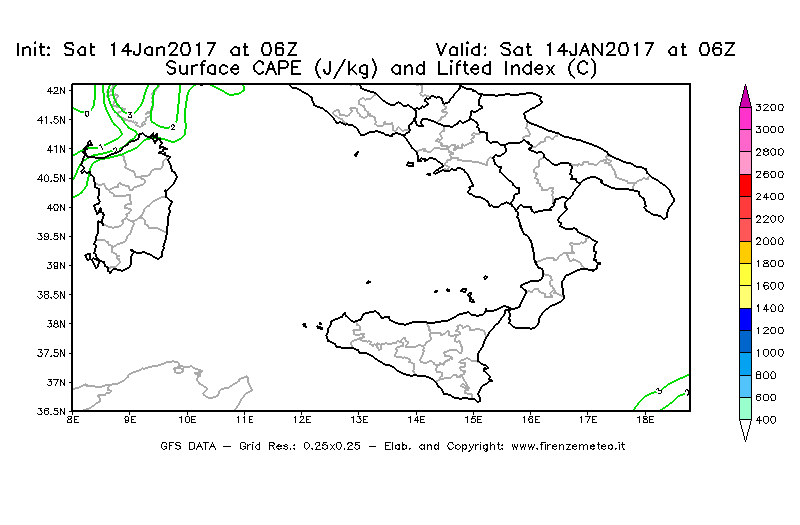 Mappa di analisi GFS - CAPE [J/kg] e Lifted Index [°C] in Sud-Italia
							del 14/01/2017 06 <!--googleoff: index-->UTC<!--googleon: index-->