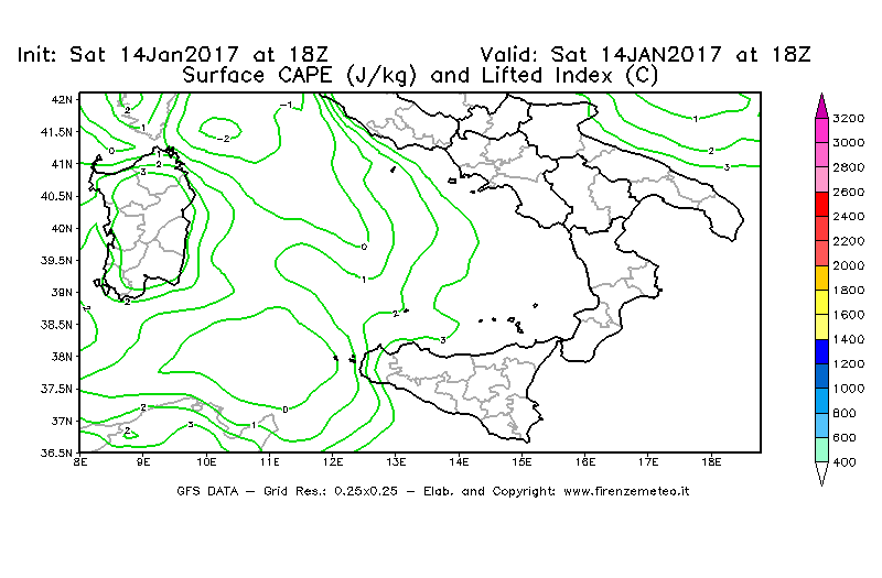 Mappa di analisi GFS - CAPE [J/kg] e Lifted Index [°C] in Sud-Italia
									del 14/01/2017 18 <!--googleoff: index-->UTC<!--googleon: index-->