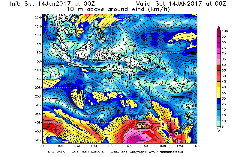 Mappa di analisi GFS - Velocità del vento a 10 metri dal suolo [km/h] in Oceania
							del 14/01/2017 00 <!--googleoff: index-->UTC<!--googleon: index-->