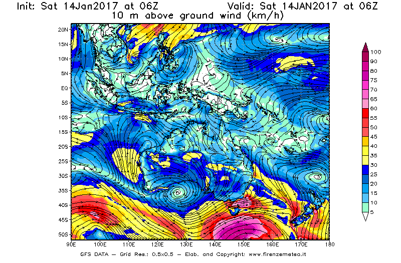 Mappa di analisi GFS - Velocità del vento a 10 metri dal suolo [km/h] in Oceania
									del 14/01/2017 06 <!--googleoff: index-->UTC<!--googleon: index-->