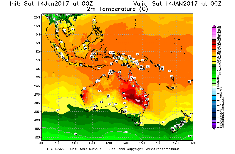 Mappa di analisi GFS - Temperatura a 2 metri dal suolo [°C] in Oceania
							del 14/01/2017 00 <!--googleoff: index-->UTC<!--googleon: index-->