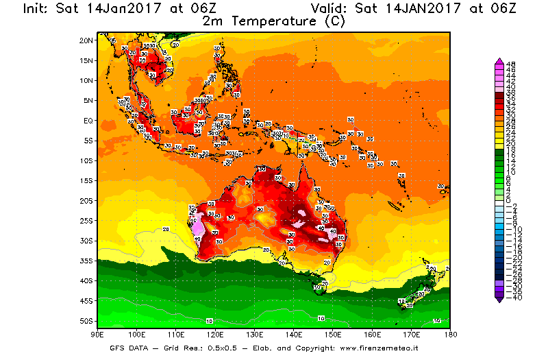 Mappa di analisi GFS - Temperatura a 2 metri dal suolo [°C] in Oceania
									del 14/01/2017 06 <!--googleoff: index-->UTC<!--googleon: index-->