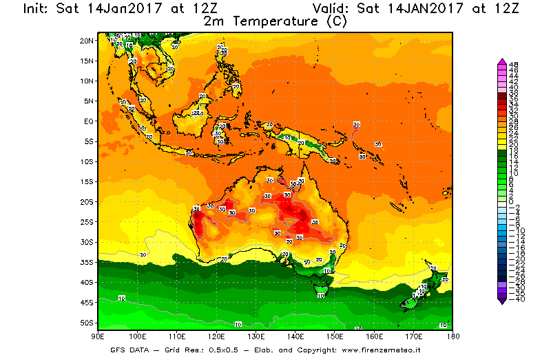 Mappa di analisi GFS - Temperatura a 2 metri dal suolo [°C] in Oceania
									del 14/01/2017 12 <!--googleoff: index-->UTC<!--googleon: index-->