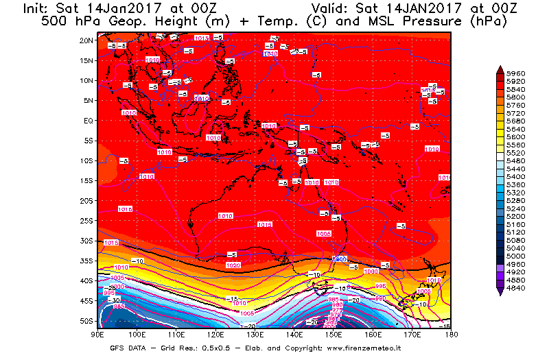 Mappa di analisi GFS - Geopotenziale [m] + Temp. [°C] a 500 hPa + Press. a livello del mare [hPa] in Oceania
									del 14/01/2017 00 <!--googleoff: index-->UTC<!--googleon: index-->