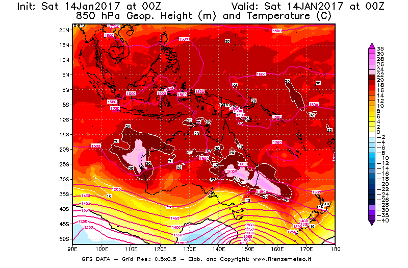 Mappa di analisi GFS - Geopotenziale [m] e Temperatura [°C] a 850 hPa in Oceania
									del 14/01/2017 00 <!--googleoff: index-->UTC<!--googleon: index-->