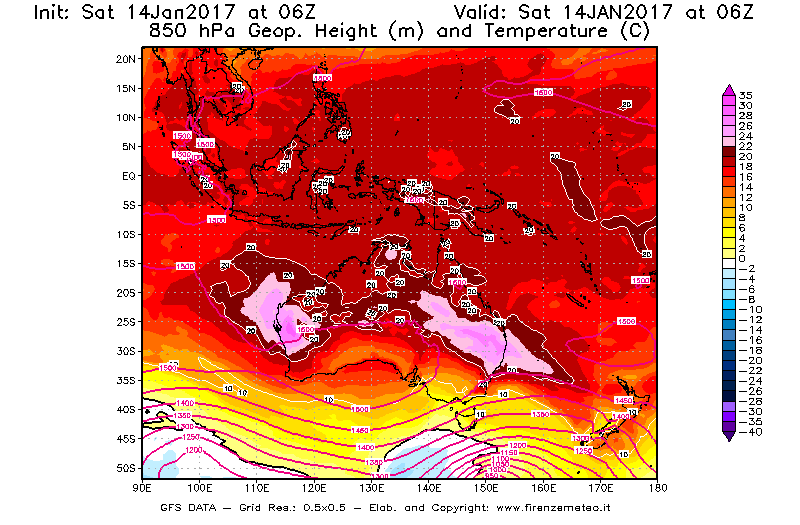 Mappa di analisi GFS - Geopotenziale [m] e Temperatura [°C] a 850 hPa in Oceania
							del 14/01/2017 06 <!--googleoff: index-->UTC<!--googleon: index-->