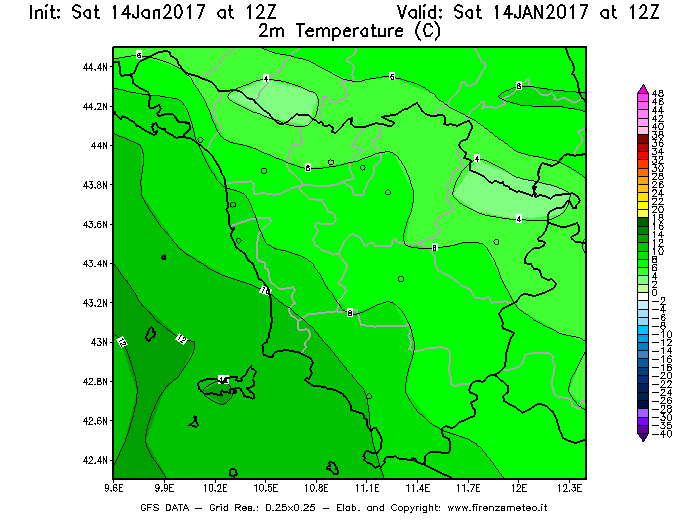 Mappa di analisi GFS - Temperatura a 2 metri dal suolo [°C] in Toscana
							del 14/01/2017 12 <!--googleoff: index-->UTC<!--googleon: index-->
