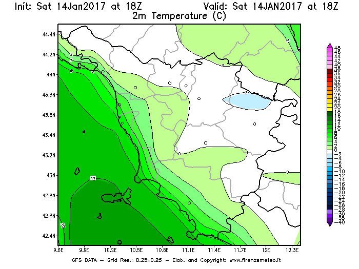 Mappa di analisi GFS - Temperatura a 2 metri dal suolo [°C] in Toscana
							del 14/01/2017 18 <!--googleoff: index-->UTC<!--googleon: index-->