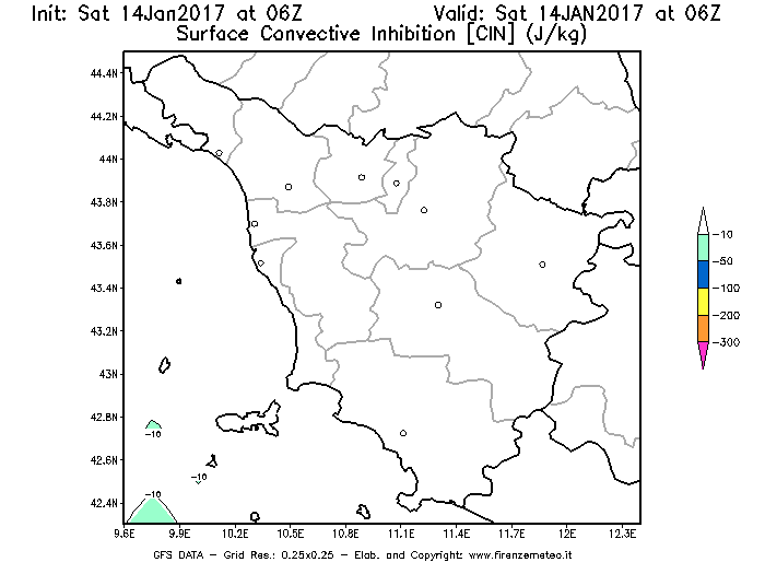 Mappa di analisi GFS - CIN [J/kg] in Toscana
							del 14/01/2017 06 <!--googleoff: index-->UTC<!--googleon: index-->
