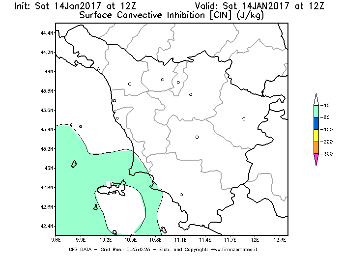 Mappa di analisi GFS - CIN [J/kg] in Toscana
									del 14/01/2017 12 <!--googleoff: index-->UTC<!--googleon: index-->