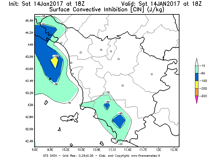 Mappa di analisi GFS - CIN [J/kg] in Toscana
							del 14/01/2017 18 <!--googleoff: index-->UTC<!--googleon: index-->