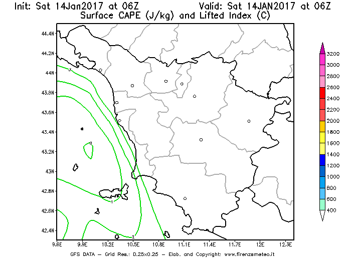 Mappa di analisi GFS - CAPE [J/kg] e Lifted Index [°C] in Toscana
									del 14/01/2017 06 <!--googleoff: index-->UTC<!--googleon: index-->