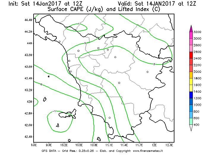 Mappa di analisi GFS - CAPE [J/kg] e Lifted Index [°C] in Toscana
							del 14/01/2017 12 <!--googleoff: index-->UTC<!--googleon: index-->