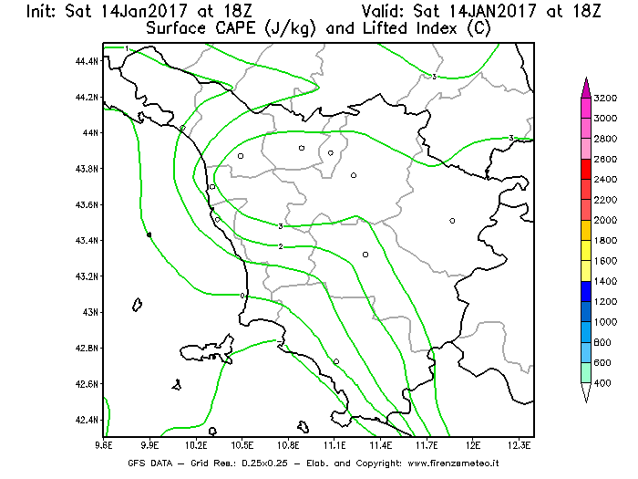 Mappa di analisi GFS - CAPE [J/kg] e Lifted Index [°C] in Toscana
									del 14/01/2017 18 <!--googleoff: index-->UTC<!--googleon: index-->