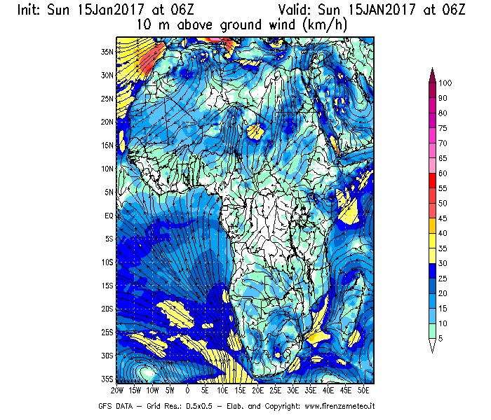 Mappa di analisi GFS - Velocità del vento a 10 metri dal suolo [km/h] in Africa
							del 15/01/2017 06 <!--googleoff: index-->UTC<!--googleon: index-->