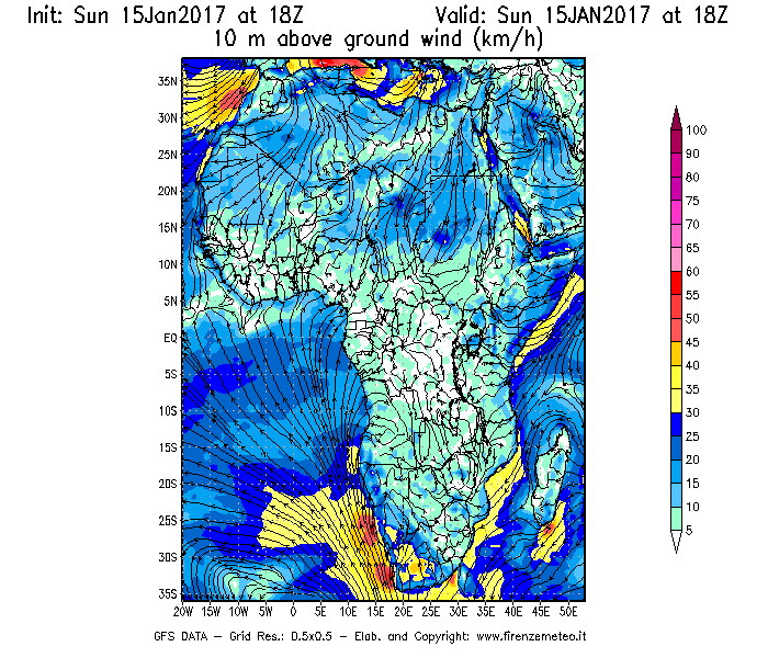 Mappa di analisi GFS - Velocità del vento a 10 metri dal suolo [km/h] in Africa
							del 15/01/2017 18 <!--googleoff: index-->UTC<!--googleon: index-->