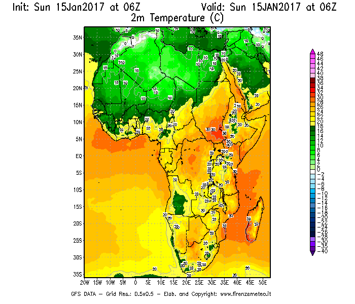 Mappa di analisi GFS - Temperatura a 2 metri dal suolo [°C] in Africa
							del 15/01/2017 06 <!--googleoff: index-->UTC<!--googleon: index-->