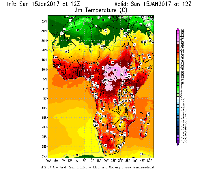 Mappa di analisi GFS - Temperatura a 2 metri dal suolo [°C] in Africa
							del 15/01/2017 12 <!--googleoff: index-->UTC<!--googleon: index-->