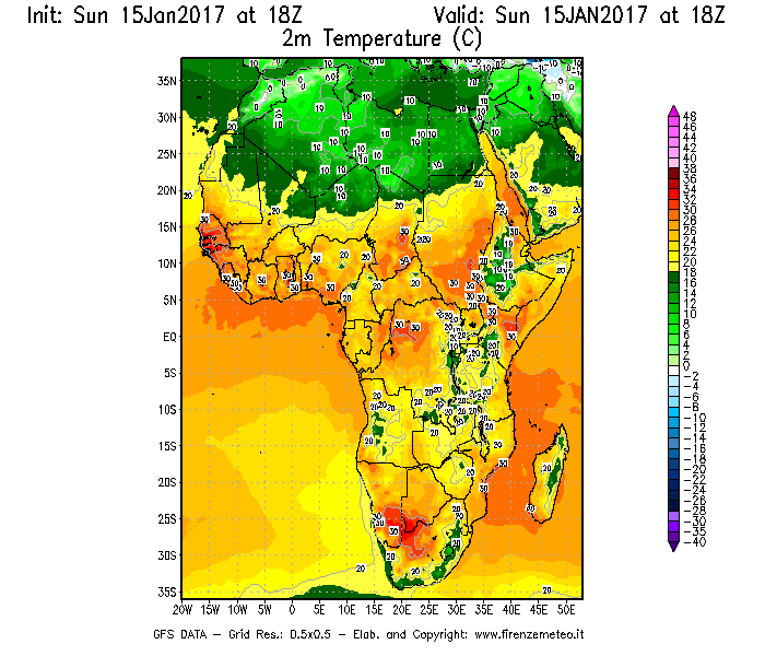 Mappa di analisi GFS - Temperatura a 2 metri dal suolo [°C] in Africa
									del 15/01/2017 18 <!--googleoff: index-->UTC<!--googleon: index-->