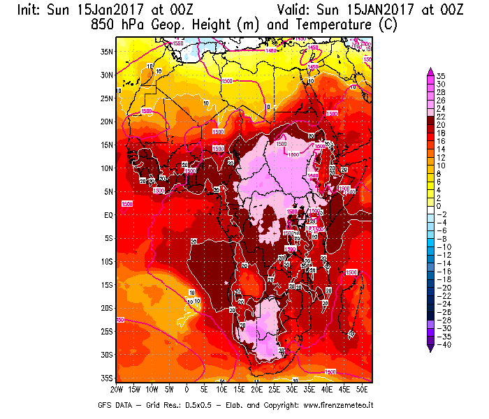 Mappa di analisi GFS - Geopotenziale [m] e Temperatura [°C] a 850 hPa in Africa
							del 15/01/2017 00 <!--googleoff: index-->UTC<!--googleon: index-->