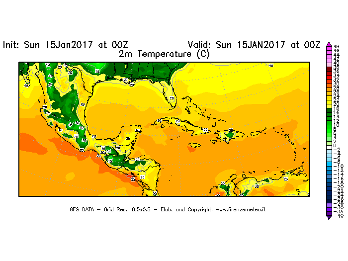 Mappa di analisi GFS - Temperatura a 2 metri dal suolo [°C] in Centro-America
							del 15/01/2017 00 <!--googleoff: index-->UTC<!--googleon: index-->