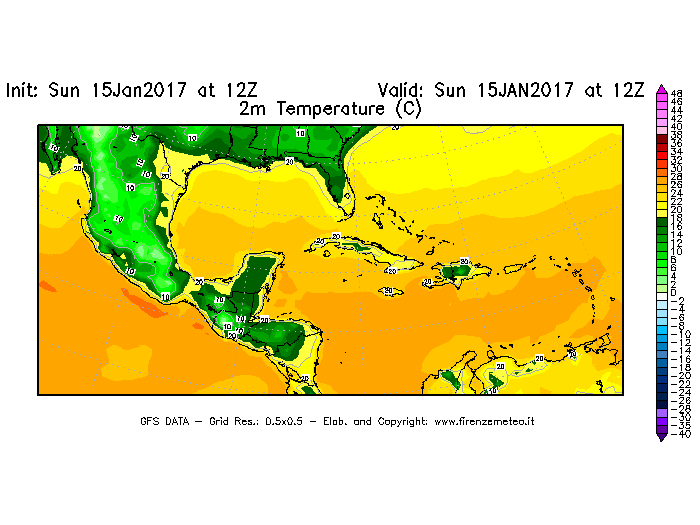 Mappa di analisi GFS - Temperatura a 2 metri dal suolo [°C] in Centro-America
							del 15/01/2017 12 <!--googleoff: index-->UTC<!--googleon: index-->