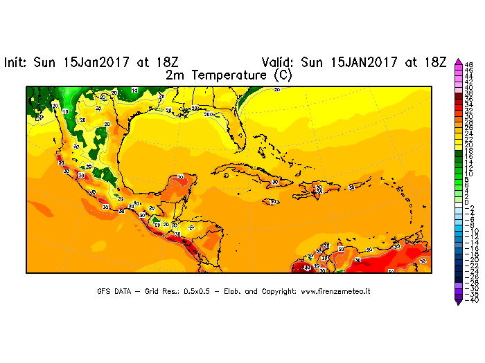 Mappa di analisi GFS - Temperatura a 2 metri dal suolo [°C] in Centro-America
							del 15/01/2017 18 <!--googleoff: index-->UTC<!--googleon: index-->