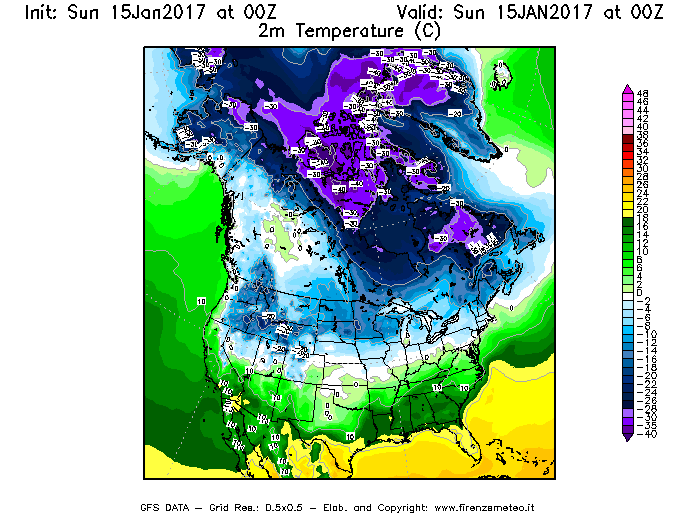 Mappa di analisi GFS - Temperatura a 2 metri dal suolo [°C] in Nord-America
									del 15/01/2017 00 <!--googleoff: index-->UTC<!--googleon: index-->