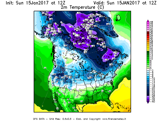 Mappa di analisi GFS - Temperatura a 2 metri dal suolo [°C] in Nord-America
							del 15/01/2017 12 <!--googleoff: index-->UTC<!--googleon: index-->