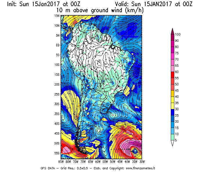 Mappa di analisi GFS - Velocità del vento a 10 metri dal suolo [km/h] in Sud-America
							del 15/01/2017 00 <!--googleoff: index-->UTC<!--googleon: index-->