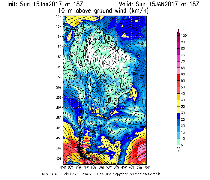 Mappa di analisi GFS - Velocità del vento a 10 metri dal suolo [km/h] in Sud-America
							del 15/01/2017 18 <!--googleoff: index-->UTC<!--googleon: index-->
