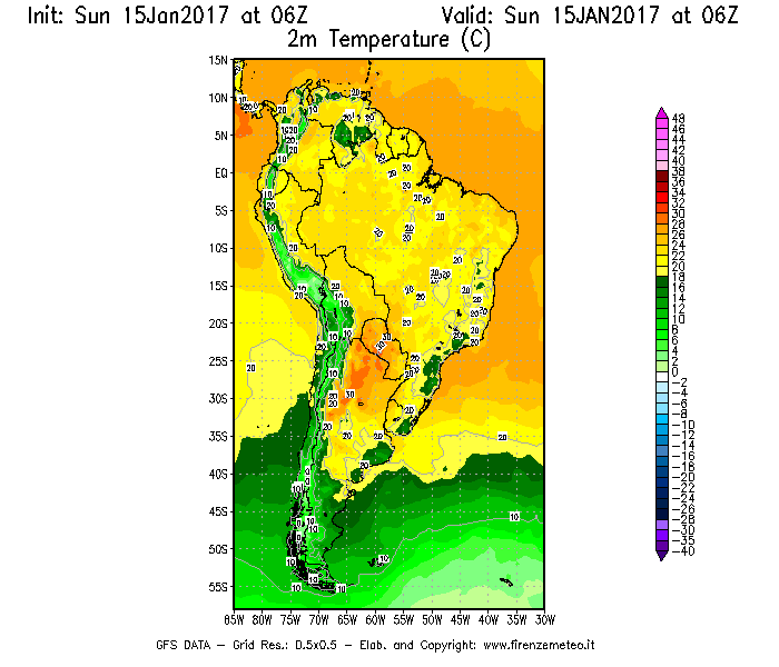 Mappa di analisi GFS - Temperatura a 2 metri dal suolo [°C] in Sud-America
									del 15/01/2017 06 <!--googleoff: index-->UTC<!--googleon: index-->