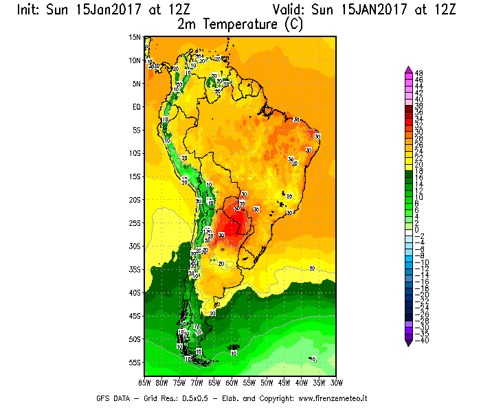 Mappa di analisi GFS - Temperatura a 2 metri dal suolo [°C] in Sud-America
							del 15/01/2017 12 <!--googleoff: index-->UTC<!--googleon: index-->