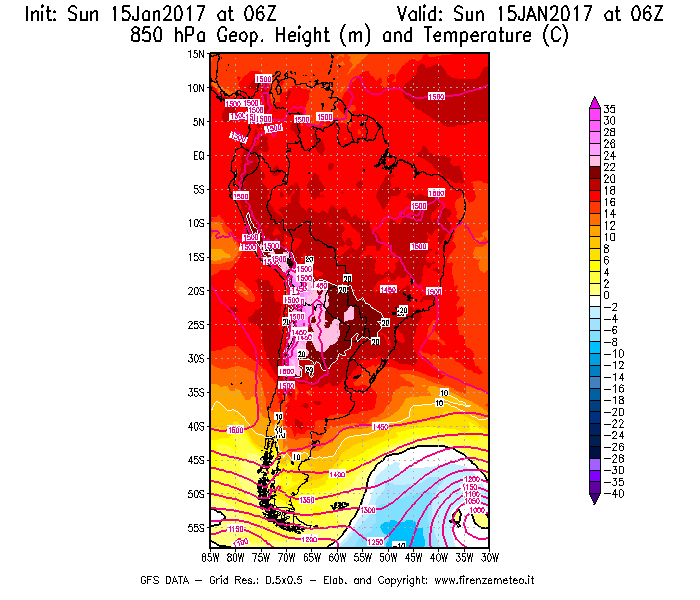 Mappa di analisi GFS - Geopotenziale [m] e Temperatura [°C] a 850 hPa in Sud-America
									del 15/01/2017 06 <!--googleoff: index-->UTC<!--googleon: index-->