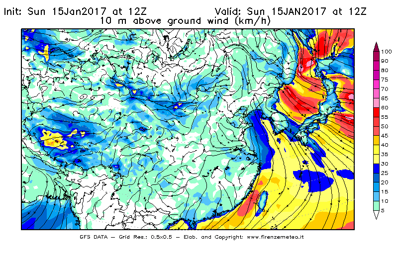 Mappa di analisi GFS - Velocità del vento a 10 metri dal suolo [km/h] in Asia Orientale
							del 15/01/2017 12 <!--googleoff: index-->UTC<!--googleon: index-->