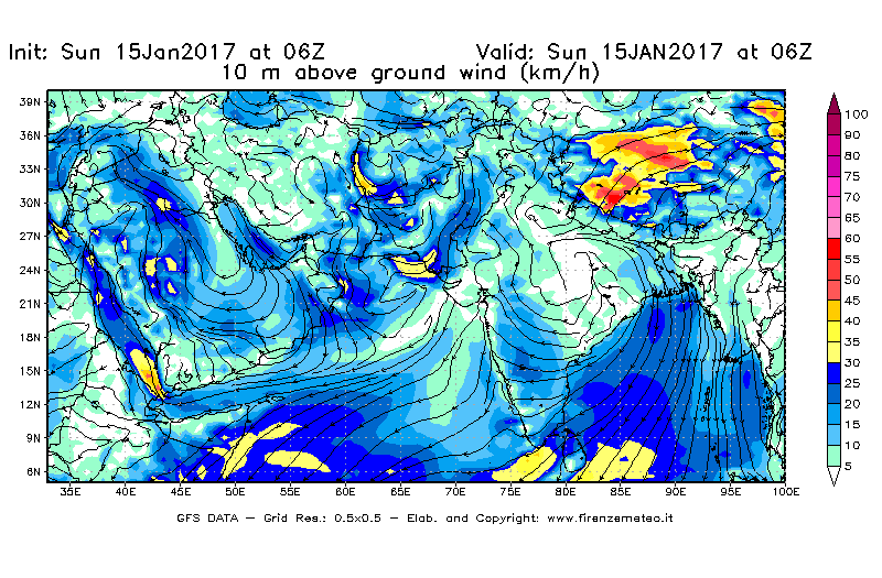 Mappa di analisi GFS - Velocità del vento a 10 metri dal suolo [km/h] in Asia Sud-Occidentale
							del 15/01/2017 06 <!--googleoff: index-->UTC<!--googleon: index-->