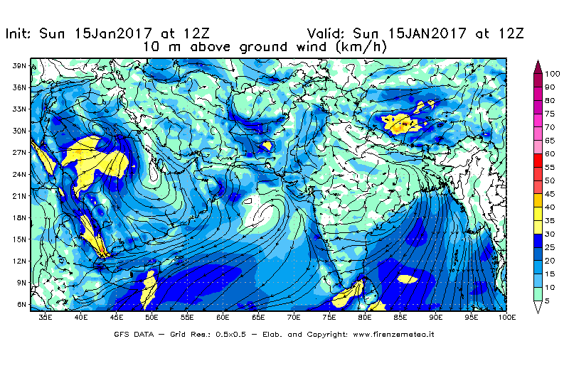 Mappa di analisi GFS - Velocità del vento a 10 metri dal suolo [km/h] in Asia Sud-Occidentale
							del 15/01/2017 12 <!--googleoff: index-->UTC<!--googleon: index-->