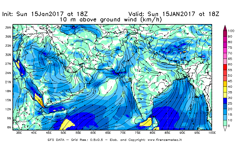 Mappa di analisi GFS - Velocità del vento a 10 metri dal suolo [km/h] in Asia Sud-Occidentale
							del 15/01/2017 18 <!--googleoff: index-->UTC<!--googleon: index-->