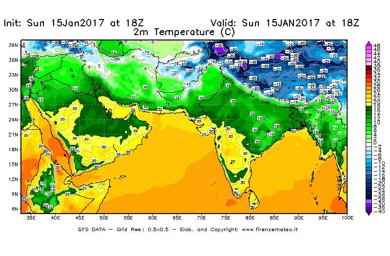 Mappa di analisi GFS - Temperatura a 2 metri dal suolo [°C] in Asia Sud-Occidentale
							del 15/01/2017 18 <!--googleoff: index-->UTC<!--googleon: index-->