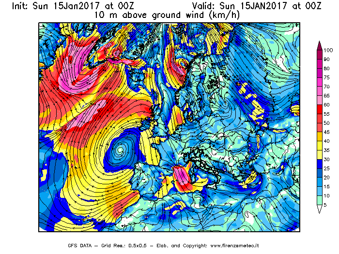 Mappa di analisi GFS - Velocità del vento a 10 metri dal suolo [km/h] in Europa
							del 15/01/2017 00 <!--googleoff: index-->UTC<!--googleon: index-->