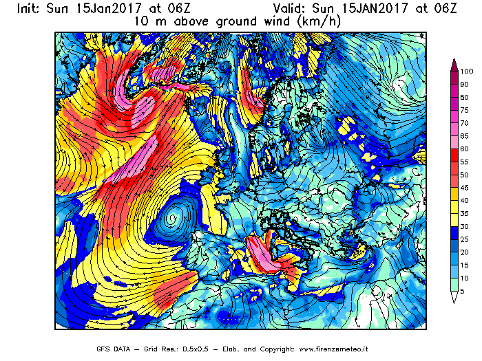Mappa di analisi GFS - Velocità del vento a 10 metri dal suolo [km/h] in Europa
							del 15/01/2017 06 <!--googleoff: index-->UTC<!--googleon: index-->