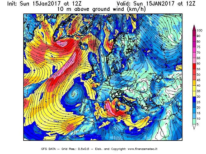 Mappa di analisi GFS - Velocità del vento a 10 metri dal suolo [km/h] in Europa
							del 15/01/2017 12 <!--googleoff: index-->UTC<!--googleon: index-->