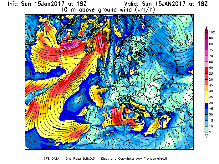 Mappa di analisi GFS - Velocità del vento a 10 metri dal suolo [km/h] in Europa
									del 15/01/2017 18 <!--googleoff: index-->UTC<!--googleon: index-->