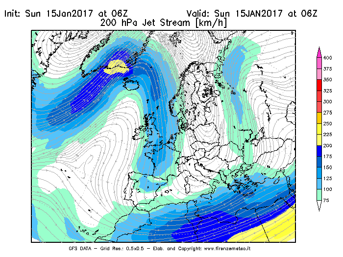 Mappa di analisi GFS - Jet Stream a 200 hPa in Europa
							del 15/01/2017 06 <!--googleoff: index-->UTC<!--googleon: index-->