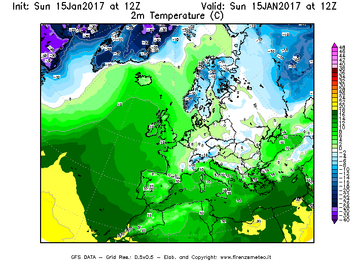 Mappa di analisi GFS - Temperatura a 2 metri dal suolo [°C] in Europa
							del 15/01/2017 12 <!--googleoff: index-->UTC<!--googleon: index-->