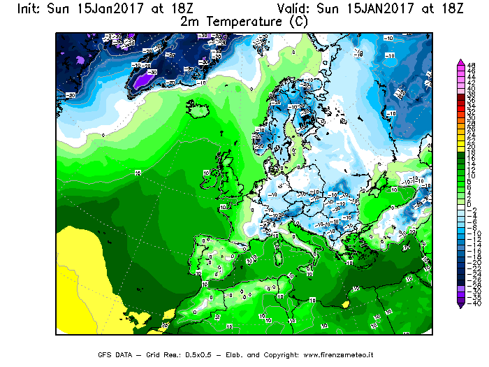 Mappa di analisi GFS - Temperatura a 2 metri dal suolo [°C] in Europa
							del 15/01/2017 18 <!--googleoff: index-->UTC<!--googleon: index-->