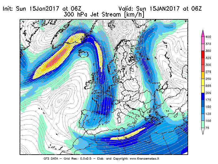 Mappa di analisi GFS - Jet Stream a 300 hPa in Europa
							del 15/01/2017 06 <!--googleoff: index-->UTC<!--googleon: index-->