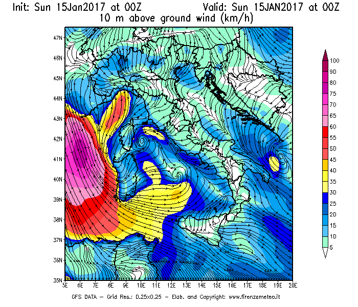 Mappa di analisi GFS - Velocità del vento a 10 metri dal suolo [km/h] in Italia
									del 15/01/2017 00 <!--googleoff: index-->UTC<!--googleon: index-->