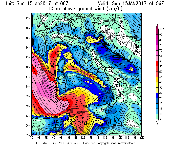 Mappa di analisi GFS - Velocità del vento a 10 metri dal suolo [km/h] in Italia
							del 15/01/2017 06 <!--googleoff: index-->UTC<!--googleon: index-->