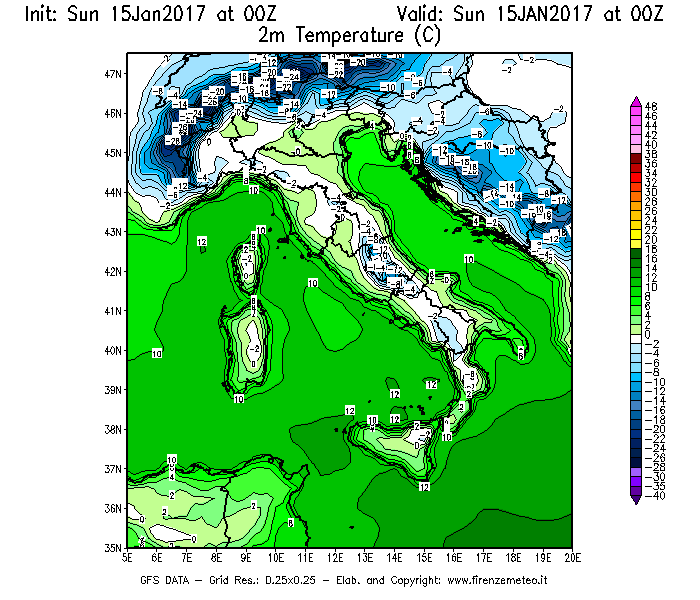 Mappa di analisi GFS - Temperatura a 2 metri dal suolo [°C] in Italia
							del 15/01/2017 00 <!--googleoff: index-->UTC<!--googleon: index-->